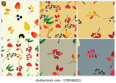 Autumn vector seamless pattern set with berries, acorns, pine cone, mushrooms, branches and leaves. Fall colorful background. Fashion, fabric and prints, wrapping paper.