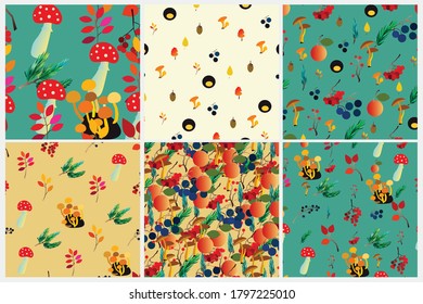 Autumn vector seamless pattern set with berries, acorns, pine cone, mushrooms, branches and leaves. Fall colorful background. Fashion, fabric and prints, wrapping paper.