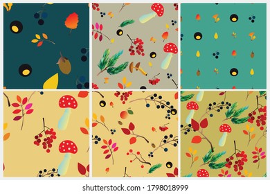 Autumn vector seamless pattern set with berries, acorns, pine cone, mushrooms, branches and leaves. Fall colorful background. Fashion, fabric and prints, wrapping paper.