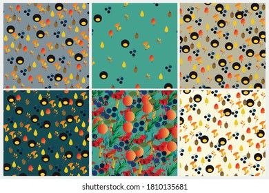 Autumn vector seamless pattern set with berries, acorns, pine cone, mushrooms, branches and leaves. Fall colorful background. Fashion, fabric and prints, wrapping paper.