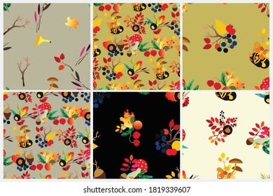 Autumn vector seamless pattern set with berries, acorns, pine cone, mushrooms, branches and leaves. Fall colorful background. Fashion, fabric and prints, wrapping paper.