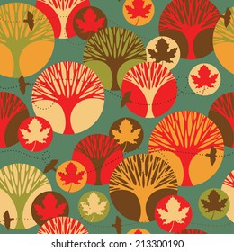 Autumn vector seamless pattern with trees, maple leaves and birds. Vintage color background.
