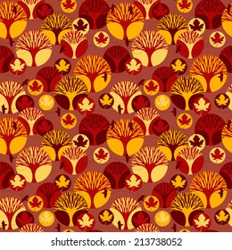 Autumn vector seamless pattern with trees, maple leaves and birds. Vintage color background. Design for paper, packaging, textiles, wallpaper and other.