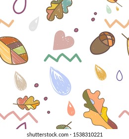 Autumn vector seamless pattern with, orange leaves, acorns, umbrella with drops of water, hearts. Autumn is here. Good for pattern, paper, textile.