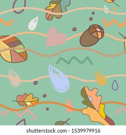 Autumn vector seamless pattern with, orange leaves, acorns, with drops of water, hearts on green background. Autumn is here. Good for pattern, paper, textile.