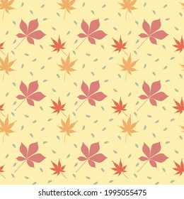 Autumn vector seamless pattern.Cute leaves with light yellow background,hand drawn,Suitable for home decoration, wallpaper,gift paper, greeting cards.Pastel tone style