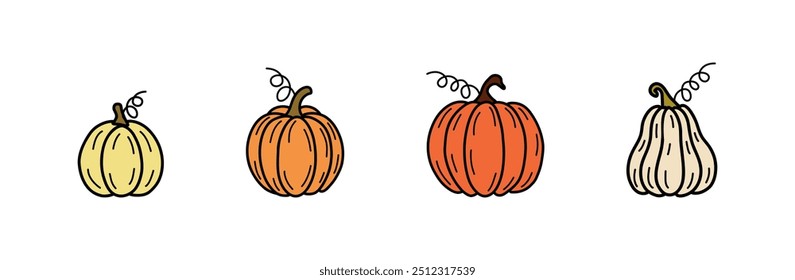 Autumn Vector set of colorful various doodle pumpkins in flat style isolated on white background. Set of hand drawn cute and cozy design elements, Thanksgiving Day, Pumpkin season, fall, harvest