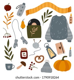 Autumn vector set. Cozy illustration for cards, stickers, posters, wrapping paper, scrapbooking, fabric, clothes and other fall design. Hygge fall essentials: leaves, pumpkin, sweater, apple, cap etc.