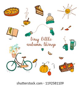Autumn vector set with different cute elements such as gloves, hat, tea cup and coffee cup, cinnamon, bicycle, flowers, pumpkin, book, apple pie, hearts and apples
