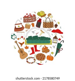 Autumn vector set, doodle elements - calligraphy, autumn leaves, mushrooms, wreath, cup of tea, guitar, umbrella, pie, fruits, vegetables and others. Suitable for web, card, poster, cover.