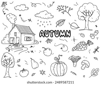 Autumn vector set in doodle style. Countryside house, leaves, trees, vegetables, fruits, mushrooms, weather elements, insects. Cute hand-drawn set autumn themed illustrations