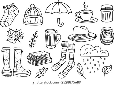 Conjunto de Vector de otoño en estilo Doodle con contorno negro, incluyendo paraguas, calcetines, botas de goma, taza, miel, lluvia, sombrero, hojas, libro