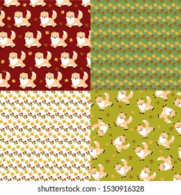 Autumn vector set with fox and autumn leaves and berries. Four patterns.