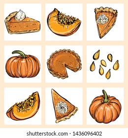 Autumn vector set. Hand drawn Thanksgiving seasonal illustrations. Pumpkin, pie and seeds