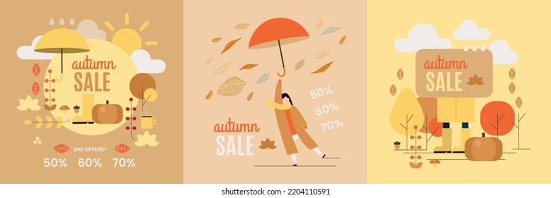 Herbstvektorsatz handgezeichneter Buchstaben. Herbstsaison handgeschriebener Verkauf. Herbsttext mit süßem flachen Doodle Design Elemente dekorativ Pack. Herbstset EPS10.