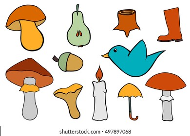 Autumn vector set. Hand drawn colored objects group. Isolated on white background