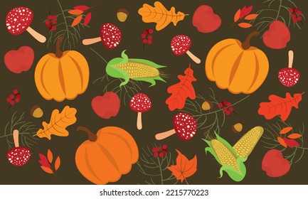 Autumn vector set. Harvest, apple, pumpkin, mushrooms, bright leaves, rowan, acorns. Freehand illustration.