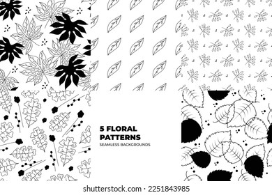El vector del otoño se establece con hojas, flores florecientes y patrones sin fisuras. Plantilla moderna para papel, tela, interior. Papel tapiz de temporada. Ilustración colorida en diseño plano. Ilustración vectorial.