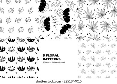 Autumn vector set with leaves, blooming flowers and seamless patterns. Modern template for paper, fabric, interior. Seasonal wallpaper. Colorful illustration in flat design. Vector illustration.
