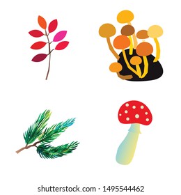 Autumn vector set with leaves branches mushrooms. Seasonal fall collection.