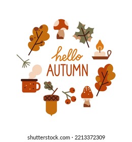 Autumn vector set with lettering isolated on white. Autumn things: yellow leaves, mushrooms, candle, berries, acorn, travel cup. Vector fall elements for banners, advertising, etc.