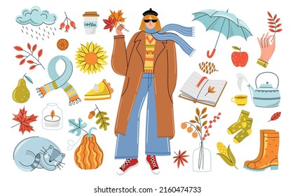 Autumn vector set. Modern girl in coat fall outfit