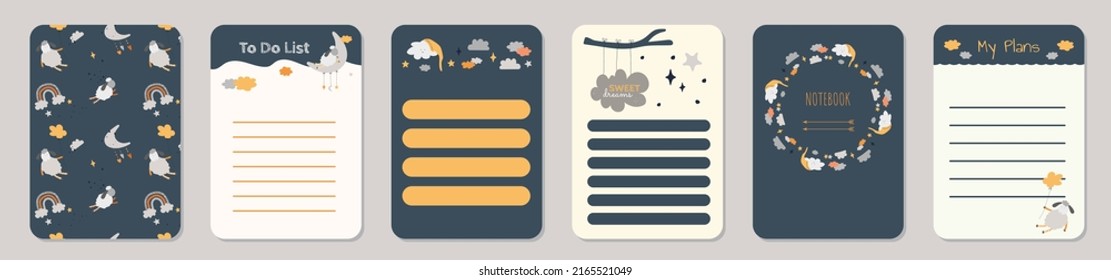 Autumn vector set of notebook diary pages illustrations with clouds, rainbows and fall paintings. Cute decoration for school text book