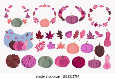 Autumn vector set of pink pumpkins and leaves in a flat style. Wreaths of pumpkin and rose leaves isolated on a white background. Perfect for autumn greeting cards, Halloween, stickers