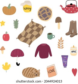 Autumn vector set pumpkin leaves honey candle teapot apple pie tea