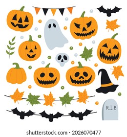 Conjunto de vectores de otoño de calabazas, guirnaldas, fantasmas, cráneos, etc. Un conjunto brillante para la festividad de Halloween en negro y naranja. Una ilustración espeluznante para una festividad espeluznante para imprimir en envases, tejidos.