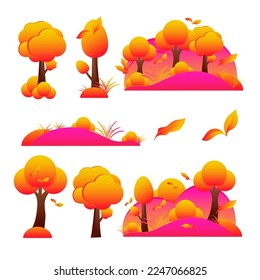 Autumn. Vector set. Trees, bushes, grass, leaves. Beautiful landscape