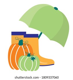 Conjunto de vectores de otoño. Paraguas, calabazas, botas/ Ilustración para la poligrafía, diseño web, etc