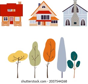 Autumn vector set of village cottages with autumn trees, landscapes. 