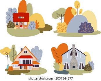 Autumn vector set of village cottages with autumn trees, landscapes. Countryside in fall