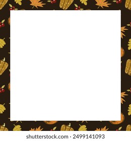 Autumn vector square frame with pumpkins and fall leaves. Hand drawn illustration.