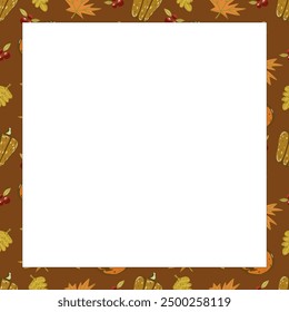 Autumn vector square frame with pumpkins and fall leaves. Hand drawn illustration.