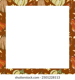 Autumn vector square frame with pumpkins and fall leaves. Hand drawn illustration.