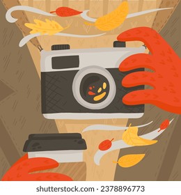 Autumn vector square illustration of hands holding coffee cup and vintage camera. Cute cozy illustration