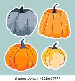 Autumn vector stickers of pumpkins of different shapes and sizes. Harvest season is a festival. Halloween. Thanksgiving. Warm natural fall colors. Vector for stickers, ad, patterns, greeting card	
