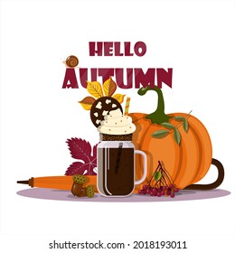 Autumn vector still life. Autumn coffee, pumpkin and leaves for cafes, menus, advertising thanksgiving day