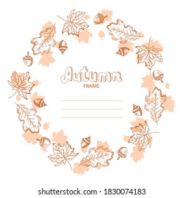 Autumn vector template. Beige banner with plants, leaves and acorns. Wreath, round frame with place for text. Flat illustration.