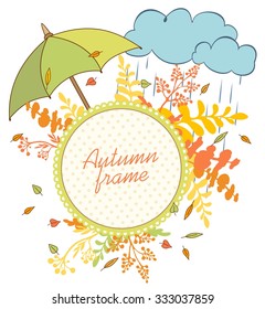 Autumn vector template. Beige, polka dot lace banner with colorful plants, leaves, green umbrella and blue rain drops and clouds.