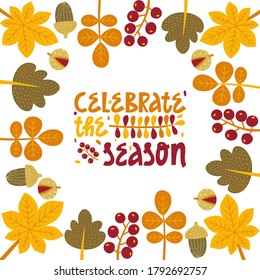Plantilla vectorial de otoño con texto dibujado a mano y sale alrededor de ella sobre fondo blanco. Para tarjeta de invitación y tarjeta de felicitación. 