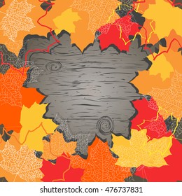 Autumn vector wallpaper. Maple red, yellow and orange leaves with gray shadows on a wooden surface in a circle. Place for text in the middle.