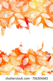 An autumn vector and watercolor background texture with yellow and white brush strokes and leaves silhouettes. An abstract fall frame or A5, A4, or like invitation or card design with a place for text