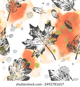 Patrón sin fisuras de la acuarela del Vector del otoño con las hojas. Hojas de esqueleto de grunge, gotas y textura de acuarela sobre fondo blanco. Ilustración de la Naturaleza para la impresión textil, relleno de página, papel de embalaje