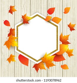 Autumn vector wooden background with orange maple leaves. Abstract golden frame for seasonal fall sale. 