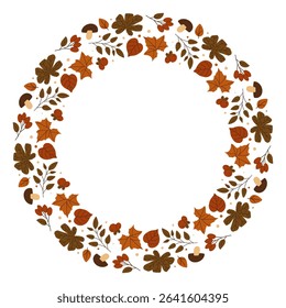 Autumn vector wreath with berries, mushrooms and colorful leaves. Perfect for fall season banners, greeting cards and cozy harvest designs. Vector illustration