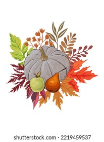 Autumn vegetable composition and gray pumpkin  leaves  fruits    apple   pear  Autumnal still life fall season harvest  Colored flat vector realistic illustration isolated white background