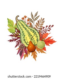 Autumn vegetable composition and green striped pumpkin  leaves  fruits    apple   pear  Autumnal still life fall season harvest  Colored flat vector realistic illustration isolated white 